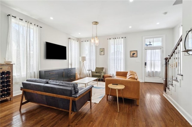 223 S White St, New Orleans, LA 70119 - living room featuring baseboards, stairway, recessed lighting, and dark wood-style floors