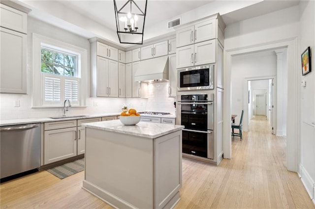 kitchen with stainless steel appliances, a sink, range hood, and backsplash