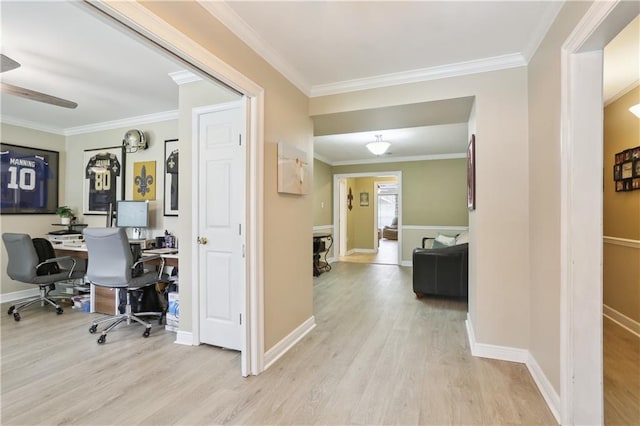9424 Sharla Dr, River Ridge, LA 70123 - home office with baseboards, wood finished floors, a ceiling fan, and ornamental molding