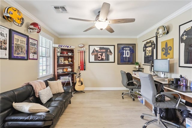 9424 Sharla Dr, River Ridge, LA 70123 - office with crown molding, a ceiling fan, visible vents, and light wood-style floors