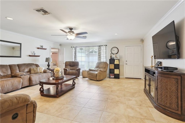9424 Sharla Dr, River Ridge, LA 70123 - living room with visible vents, recessed lighting, crown molding, a ceiling fan, and light tile patterned floors