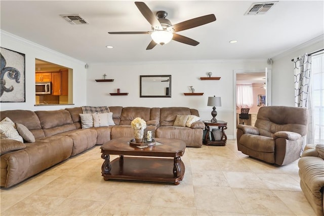 9424 Sharla Dr, River Ridge, LA 70123 - living room featuring light tile patterned floors, ceiling fan, crown molding, and visible vents