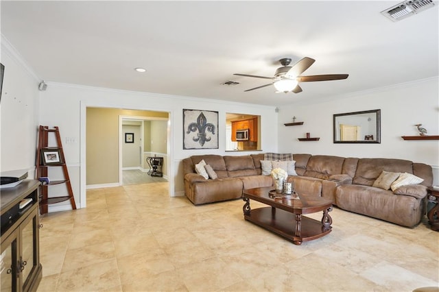 9424 Sharla Dr, River Ridge, LA 70123 - living area with visible vents, a ceiling fan, and ornamental molding