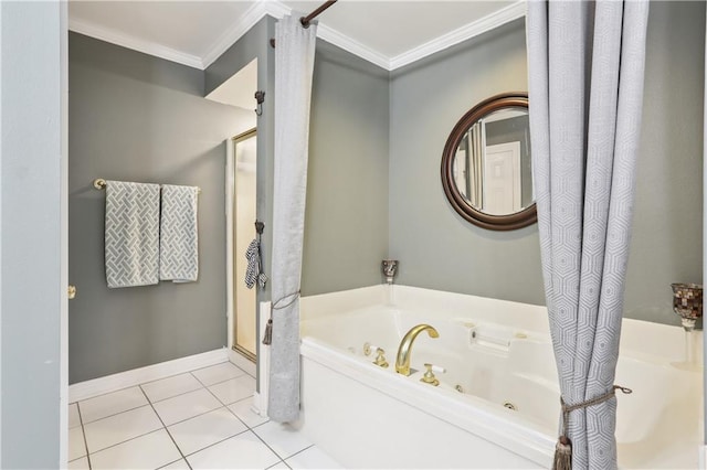 9424 Sharla Dr, River Ridge, LA 70123 - bathroom with a whirlpool tub, baseboards, a shower stall, tile patterned flooring, and crown molding