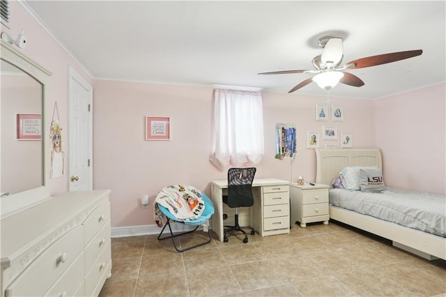 9424 Sharla Dr, River Ridge, LA 70123 - bedroom with crown molding, light tile patterned floors, baseboards, and ceiling fan
