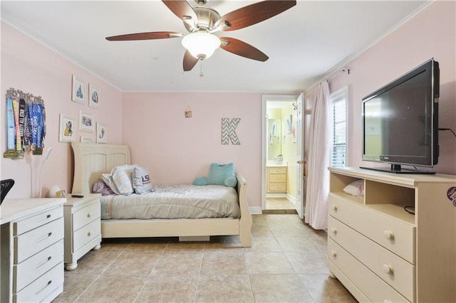 9424 Sharla Dr, River Ridge, LA 70123 - bedroom featuring a ceiling fan, ensuite bath, light tile patterned floors, and crown molding