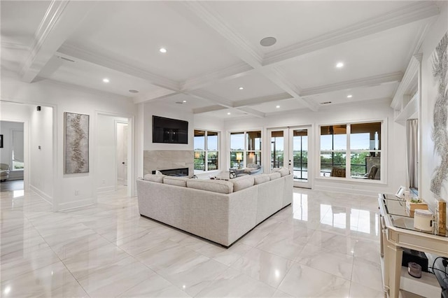 living area with coffered ceiling, beamed ceiling, a high end fireplace, and marble finish floor