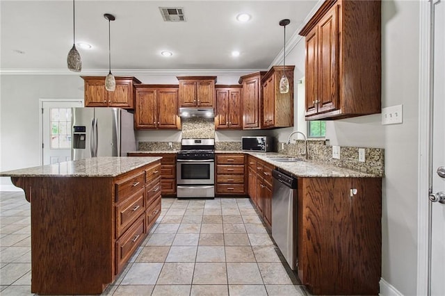 44449 W Pleasant Ridge Rd, Hammond, LA 70403 - kitchen with a sink, ornamental molding, visible vents, under cabinet range hood, and appliances with stainless steel finishes
