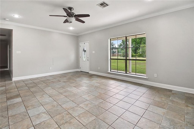 44449 W Pleasant Ridge Rd, Hammond, LA 70403 - tiled spare room with crown molding, visible vents, ceiling fan, and recessed lighting