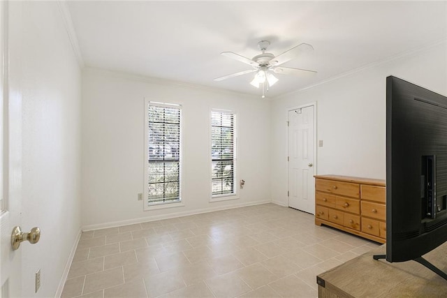 unfurnished bedroom featuring baseboards, light tile patterned floors, and crown molding
