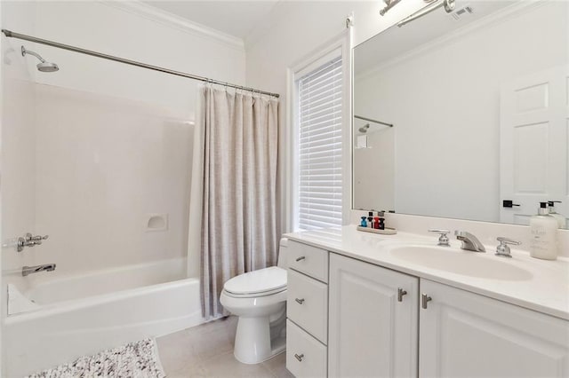 123 N Livingston Pl, Metairie, LA 70005 - bathroom with toilet, shower / bath combo with shower curtain, vanity, crown molding, and tile patterned flooring