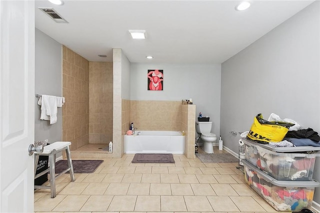 full bath with toilet, visible vents, a shower stall, tile patterned floors, and a garden tub