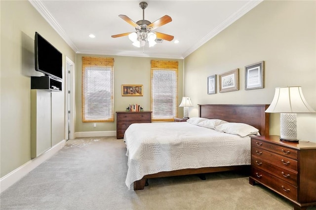 335 Joseph St, New Orleans, LA 70115 - bedroom featuring a ceiling fan, recessed lighting, baseboards, crown molding, and light colored carpet