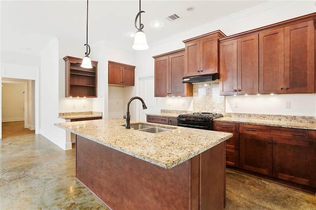 kitchen featuring a sink, open shelves, black range with gas stovetop, visible vents, and under cabinet range hood