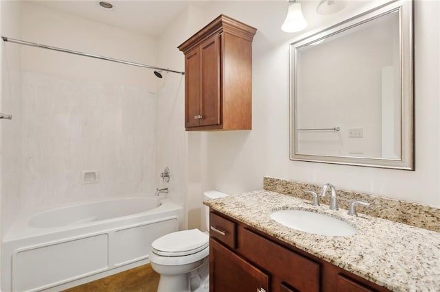 bathroom with toilet, shower / bath combination, and vanity