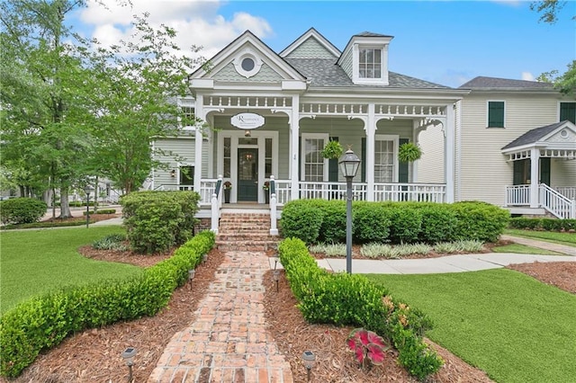neoclassical home featuring a porch, roof with shingles, and a front lawn