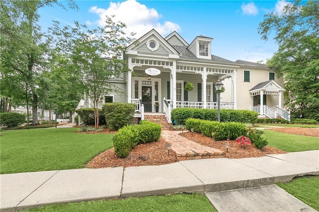 greek revival inspired property featuring a porch and a front yard