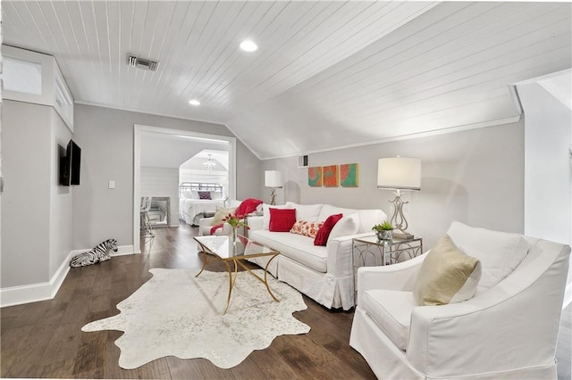 living area with lofted ceiling, visible vents, recessed lighting, wooden ceiling, and baseboards