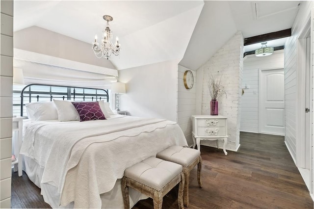 bedroom featuring an inviting chandelier, vaulted ceiling, and dark wood-type flooring