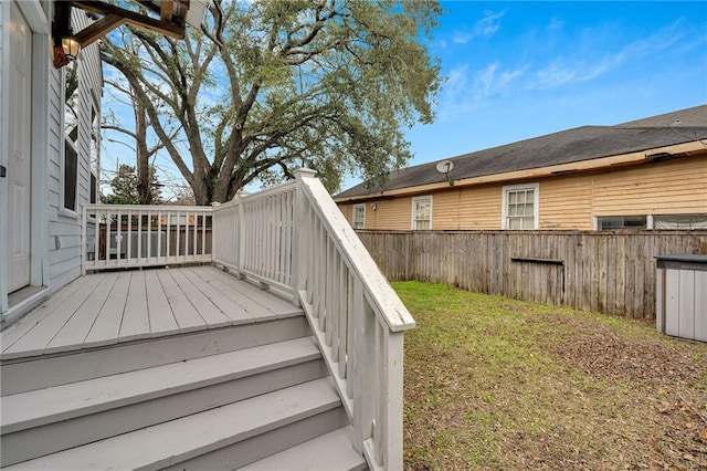 wooden deck with a yard and a fenced backyard