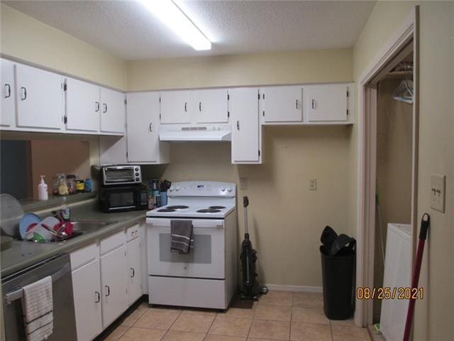 kitchen featuring white electric stove, white cabinetry, exhaust hood, dishwasher, and light tile patterned flooring