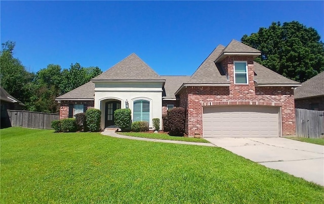 view of front of property with a front lawn, concrete driveway, roof with shingles, and fence