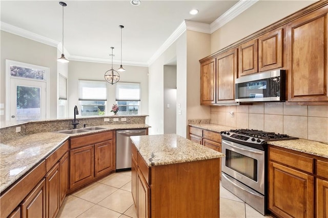 217 Turning Leaf Ln, Madisonville, LA 70447 - kitchen with a sink, appliances with stainless steel finishes, brown cabinets, decorative backsplash, and light tile patterned flooring