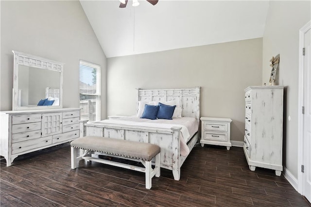 217 Turning Leaf Ln, Madisonville, LA 70447 - bedroom featuring vaulted ceiling, dark wood finished floors, ceiling fan, and baseboards