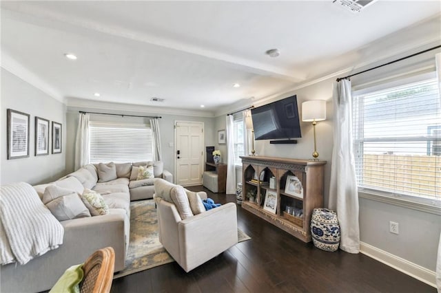living area featuring dark wood-style flooring, crown molding, and plenty of natural light