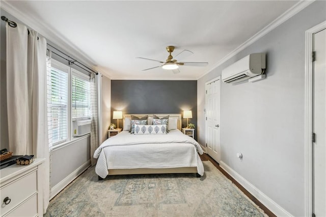 26 Davis Blvd, Jefferson, LA 70121 - bedroom featuring an AC wall unit, ornamental molding, wood finished floors, a ceiling fan, and cooling unit