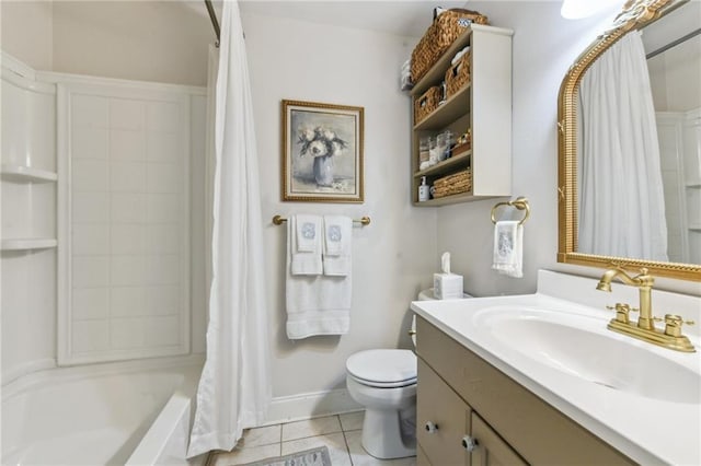 full bathroom with toilet, tile patterned floors, shower / bath combo, and vanity