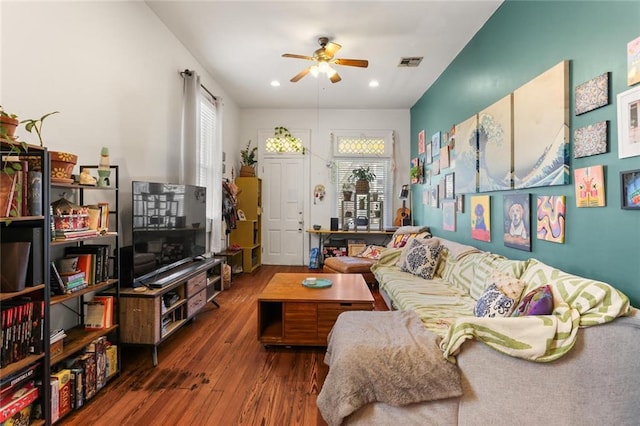 41719 S Genois St, New Orleans, LA 70119 - living area featuring visible vents, wood finished floors, a ceiling fan, and recessed lighting