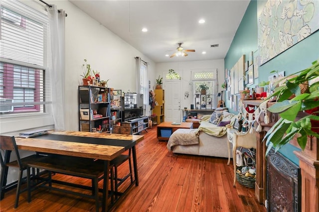 41719 S Genois St, New Orleans, LA 70119 - living area with wood-type flooring, a ceiling fan, visible vents, and recessed lighting