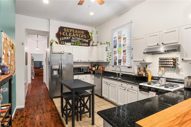 41719 S Genois St, New Orleans, LA 70119 - kitchen with a sink, under cabinet range hood, ceiling fan, white cabinetry, and appliances with stainless steel finishes