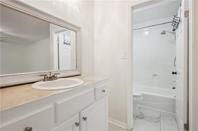 68 Begonia Dr, Covington, LA 70433 - bathroom featuring toilet, bathtub / shower combination, baseboards, marble finish floor, and vanity
