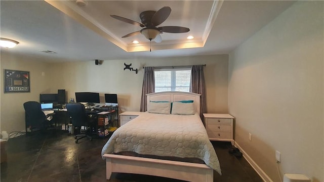 bedroom with a desk, baseboards, a tray ceiling, ceiling fan, and recessed lighting