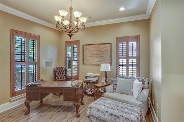 929 W 17th Ave, Covington, LA 70433 - office space featuring baseboards, ornamental molding, an inviting chandelier, visible vents, and light wood-style floors