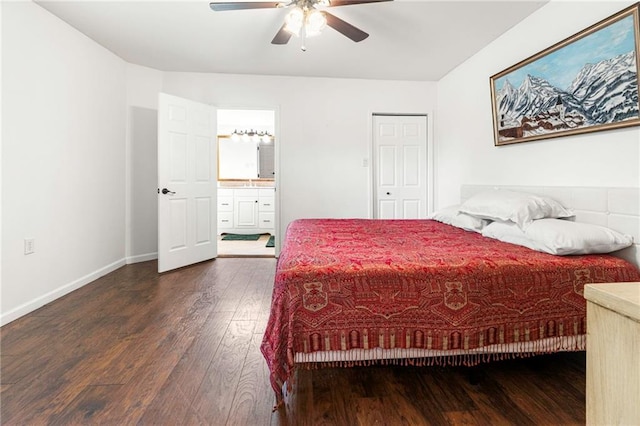 bedroom with ceiling fan, hardwood / wood-style flooring, connected bathroom, and baseboards