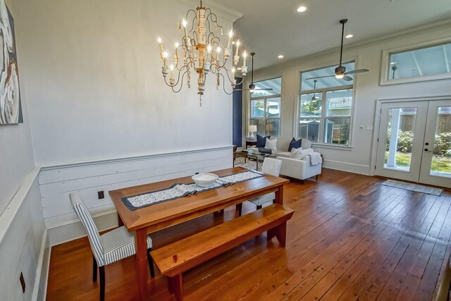 dining area with dark wood-style floors, ornamental molding, a chandelier, ceiling fan, and recessed lighting