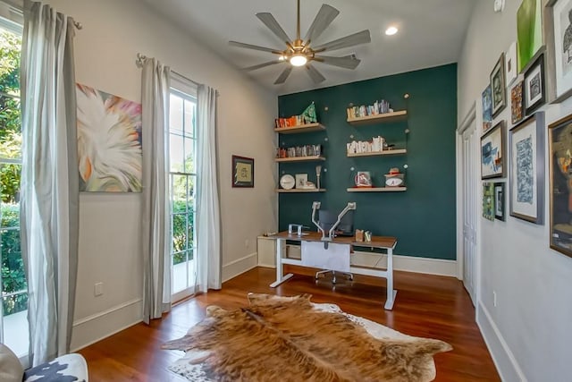 home office with a ceiling fan, wood finished floors, recessed lighting, and baseboards