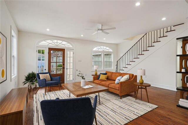 925 Picheloup Pl, New Orleans, LA 70119 - living area featuring a ceiling fan, wood finished floors, recessed lighting, plenty of natural light, and stairway