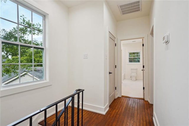 hall featuring healthy amount of natural light, wood-type flooring, and baseboards