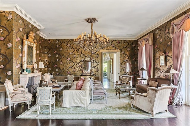 600 Governor Nicholls St, New Orleans, LA 70116 - living area with wallpapered walls, ornamental molding, wood finished floors, and a chandelier