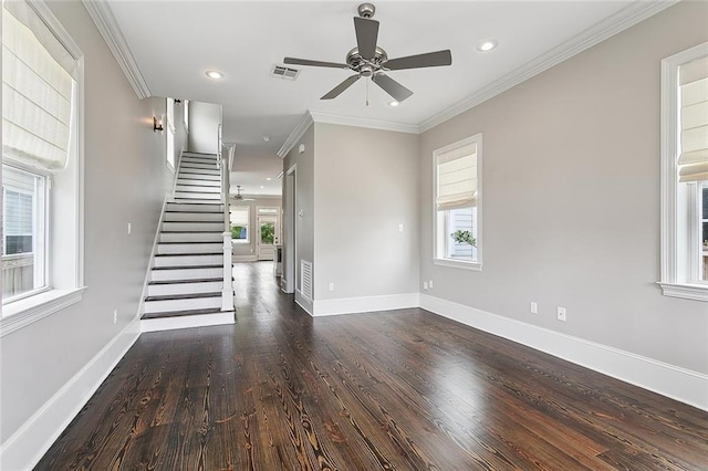 2520 Conti St, New Orleans, LA 70119 - unfurnished living room featuring recessed lighting, wood finished floors, a ceiling fan, stairs, and baseboards