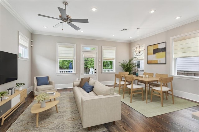 2520 Conti St, New Orleans, LA 70119 - living room featuring dark wood-style floors, baseboards, recessed lighting, ornamental molding, and ceiling fan