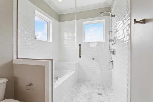 2520 Conti St, New Orleans, LA 70119 - bathroom with a shower stall, toilet, and crown molding