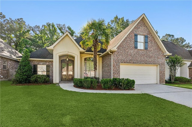 400 Brown Thrasher Loop, Madisonville, LA 70447 - view of front of house featuring driveway, brick siding, a front yard, and an attached garage