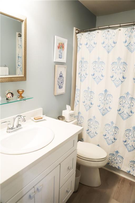 bathroom with toilet, vanity, a shower with shower curtain, and wood finished floors