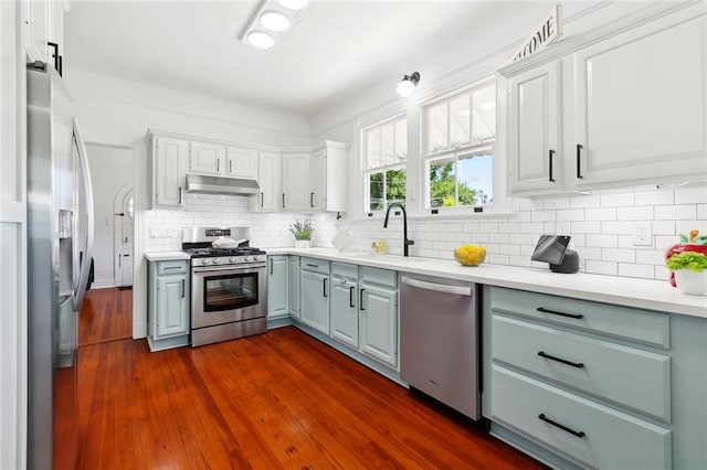 kitchen with stainless steel appliances, a sink, under cabinet range hood, decorative backsplash, and light countertops