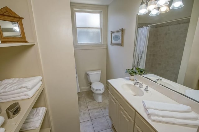 full bath with an inviting chandelier, toilet, a shower with curtain, tile patterned flooring, and vanity